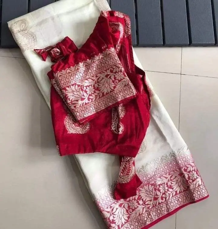 Pure viscose dola jacquard border saree with ready made red color blous