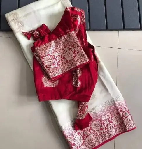 Pure viscose dola jacquard border saree with ready made red color blous