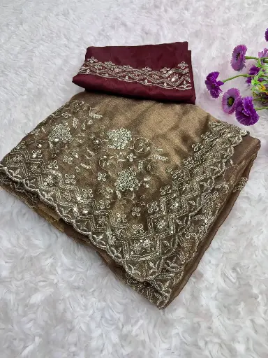 c-pallu seqance thread work with cut work border saree with Blouse 